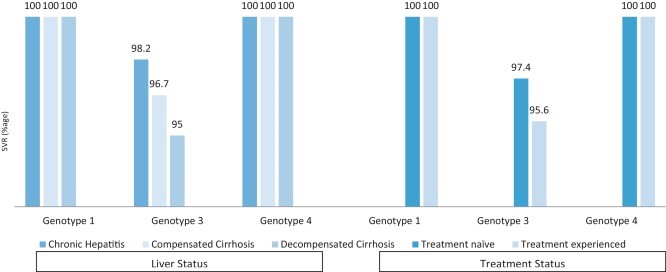 Рисунок 2. Темпы получения устойчивого вирусологического ответа (УВО12) в соответствии с генотипами и состоянием печени.